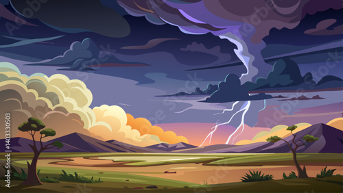 A painting of a stormy sky with a lightning bolt. The sky is dark and ominous, and the lightning bolt is bright and powerful. The mood of the painting is tense and dramatic