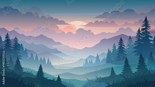A serene and peaceful forest scene with a river running through it. The sky is a mix of blue and pink, creating a calming atmosphere. The trees are tall and dense, giving the impression of a vast