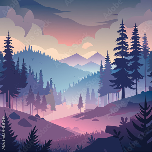 A serene and peaceful forest scene with a river running through it. The sky is a mix of blue and pink, creating a calming atmosphere. The trees are tall and dense, giving the impression of a vast