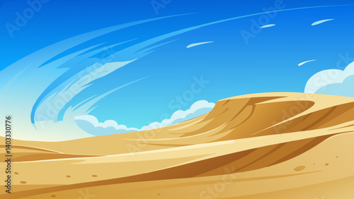 A desert landscape with a blue sky and clouds. The sky is filled with birds flying in different directions