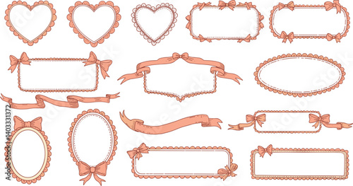 Doodle hand drawn coquette frames with hearts, wavy lines, bows and ribbons. Trendy vintage whimsical borders for wedding invitations, birthday card, prints
