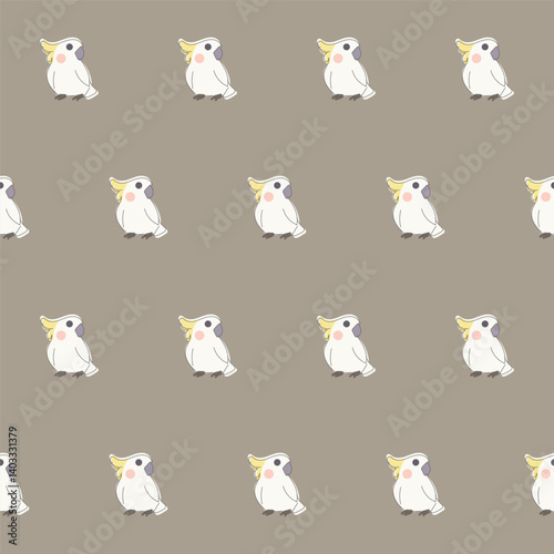 Funny Cute Cockatoo Bird Seamless Patter. Wild Exotic Parrot Mascot Childish Textile Print Design. Positive Drawn Doodle Cartoon Character Wrapping Paper or Wallpaper Swatch Art. Scrapbook Surface