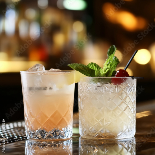 Two cocktails in a well-lit upscale lounge setting