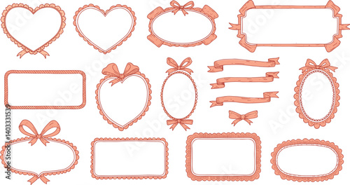 Doodle hand drawn coquette frames with hearts, wavy lines, bows and ribbons. Trendy vintage whimsical borders for wedding invitations, birthday card, prints