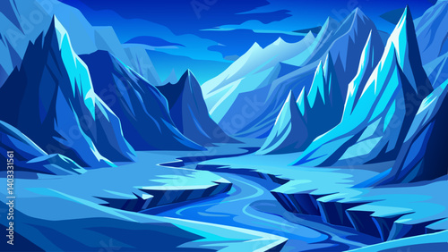 A blue mountain range with a river running through it. The mountains are covered in snow and the river is frozen. The scene is peaceful and serene, with the blue sky above and the mountains below