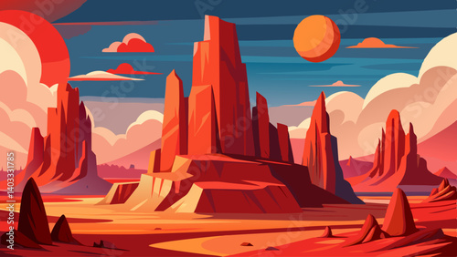 A desert landscape with a large mountain in the background. The sky is blue and the sun is in the distance