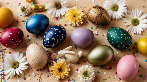 A colorful assortment of Easter eggs are scattered on a table with yellow flowers. The eggs come in various colors and sizes, and some are decorated with gold. The scene conveys a festive