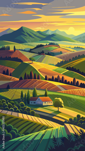 A painting of a rural landscape with a house in the foreground. The house is surrounded by trees and the hills are green and lush. The sky is orange and the sun is setting
