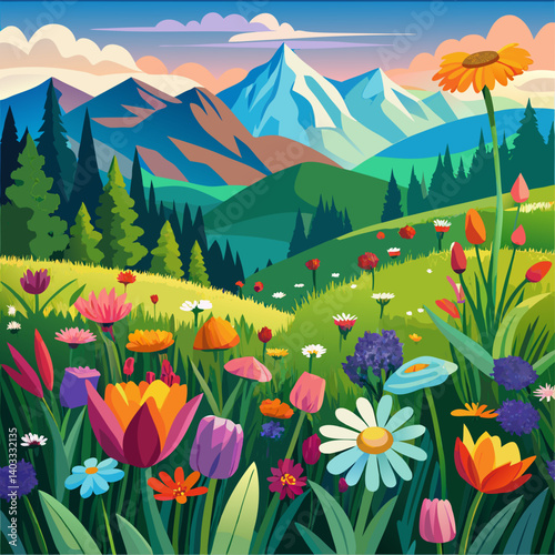 A beautiful landscape with mountains in the background and a field of flowers in the foreground. The flowers are of various colors and are scattered throughout the field