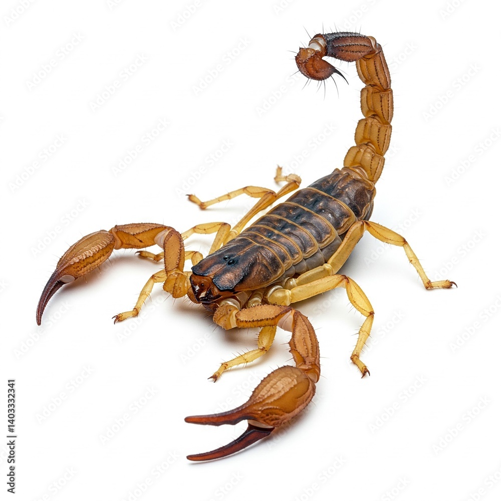 Detailed scorpion isolated on white background showing venomous pincers and tail
Detailed scorpion isolated on white background showing venomous pincers and tail