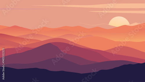 A mountain range with a sun in the sky. The mountains are orange and blue