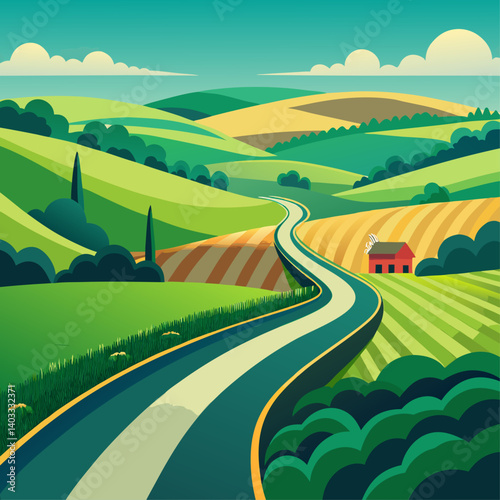 A road runs through a green countryside with a red house on the right side. The road is lined with trees and the sky is blue