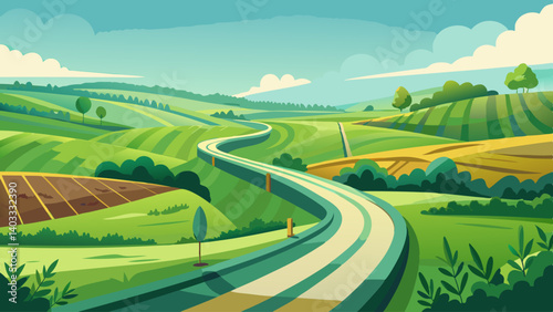 A road runs through a green countryside with a red house on the right side. The road is lined with trees and the sky is blue