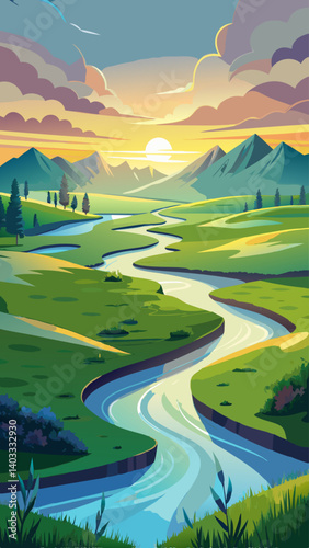 A long river runs through a lush green valley with mountains in the background. The scene is peaceful and serene, with the water flowing gently and the trees providing a sense of tranquility