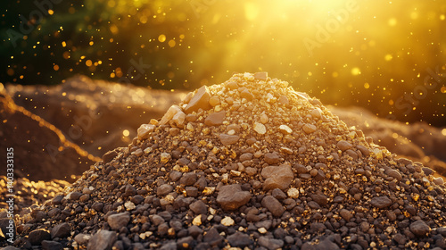 Close-up of Unrefined precious metal ores and crystals in their natural rock formation, Shiny precious treasure symbolize rare earth elements before refinement