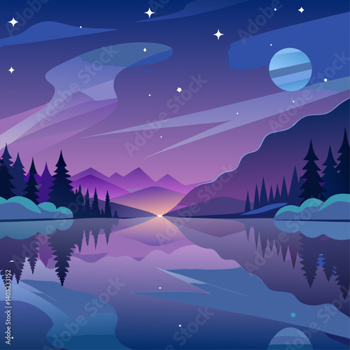 A beautiful landscape with a lake and mountains in the background. The sky is dark and the stars are shining brightly