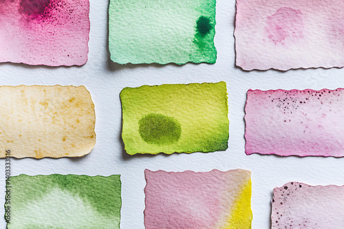 A top view of assorted watercolor swatches on textured paper, featuring irregular torn edges and blended hues of pink, green, yellow, and red in various shades