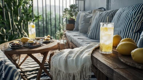 A breezy summer balcony with nautical-striped cushions, a fringed linen throw, and a rustic wooden coffee table set with iced