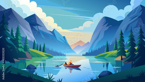 A man in a boat is paddling down a river in a mountainous area. The scene is peaceful and serene, with the man enjoying the beauty of nature