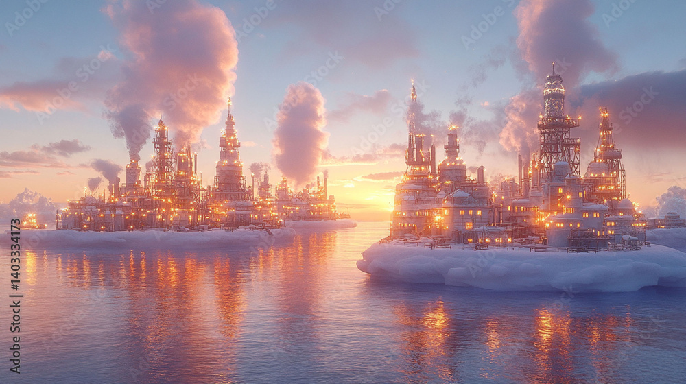 Obraz premium Floating, steam-powered city islands at sunrise.