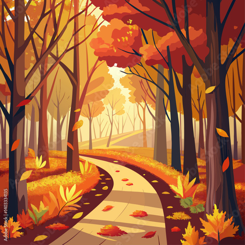 A path through a forest with autumn leaves on the ground. The leaves are orange and yellow, and the trees are tall and leafy. Scene is peaceful and serene, as the viewer is transported to a quiet