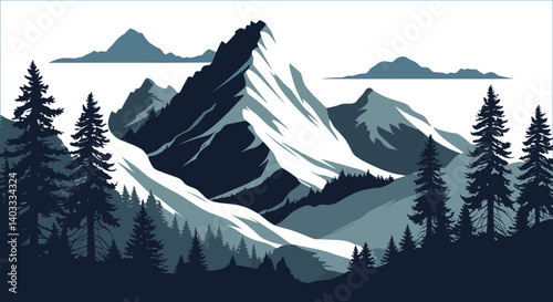 Mountain silhouettes scene with pine trees and snow covered hills