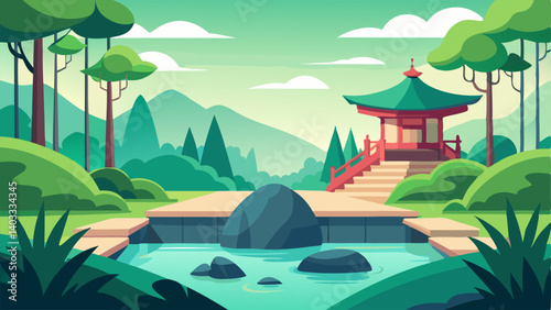A zen garden area with lush greenery and peaceful water features for relaxation.