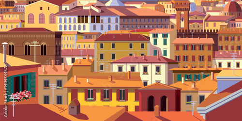 Detailed cityscape with colorful traditional mediterranean italian buildings, roofs, spires, towers, churches and houses. Hand drawn vector illustration. Can be used for posters, banners, postcards.