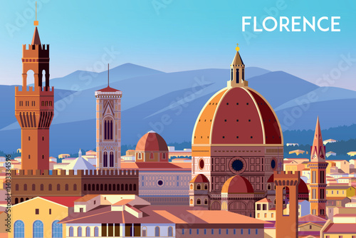 Florence cityscape with colorful traditional mediterranean italian buildings, roofs, spires, towers, churches and houses. Hand drawn vector illustration. Can be used for posters, banners, postcards.