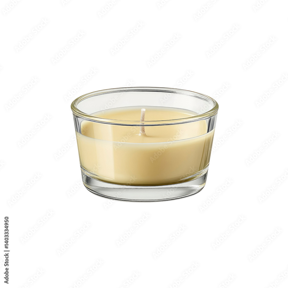 Single Unlit Cream-Colored Candle in a Clear Glass Holder Single Unlit Cream-Colored Candle in a Clear Glass Holder