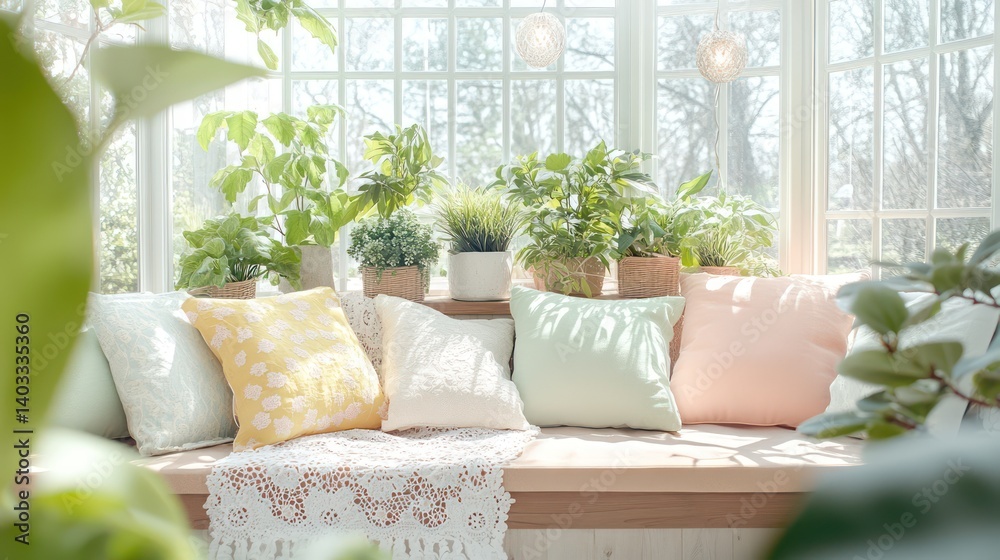 A bright spring conservatory with pastel-toned cushions, a delicate lace throw, and a wooden window seat filled with fresh greenery A bright spring conservatory with pastel-toned cushions, a delicate lace throw, and a wooden window seat filled with fresh greenery