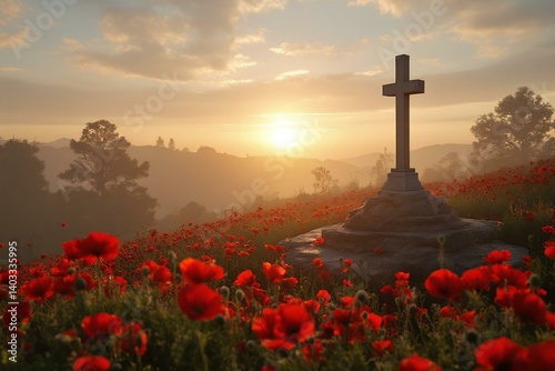 Memorial cenotaph amidst Flanders field of remembrance poppies, a day of silence