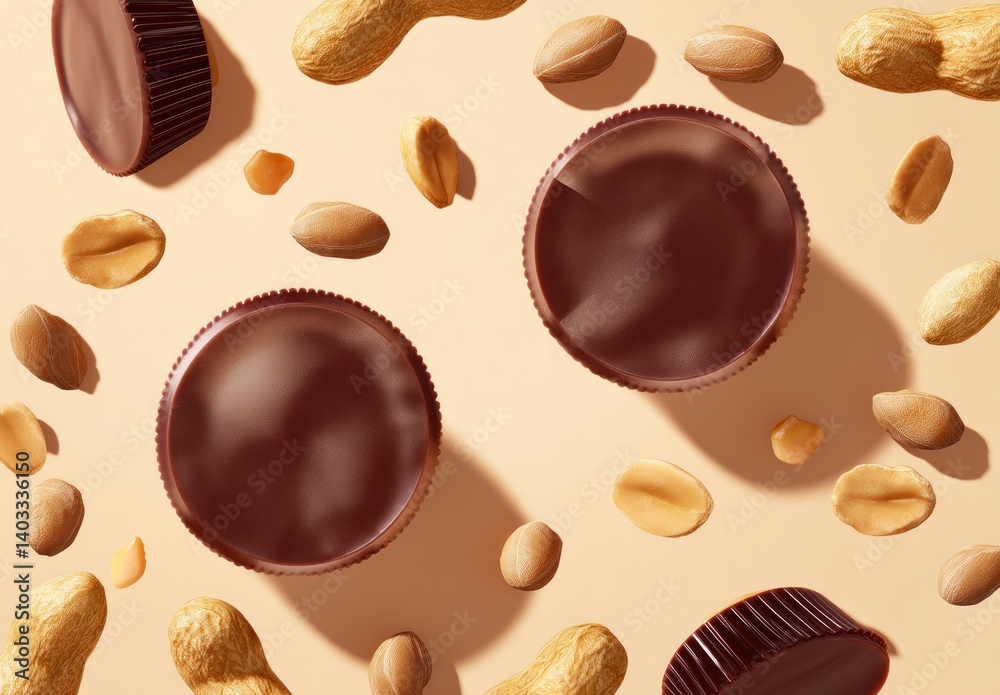 Fototapeta premium Chocolate Peanut Butter Cups and Whole Peanuts Delicious Candy Treat