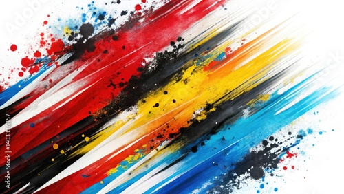 Abstract Diagonal Stripes Drone Photography: Red, Yellow, Blue, Black, White Paint Splatter