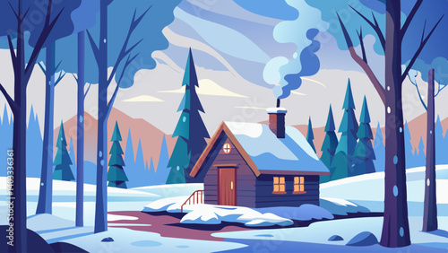 A cabin in the woods with a chimney and smoke coming out of it. The cabin is surrounded by trees and there is a path leading to it. The scene is peaceful and serene, with the cabin providing a cozy