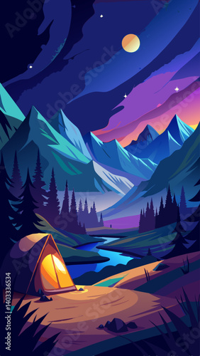 A mountain range with a tent in the foreground. The mountains are covered in snow and the sky is dark