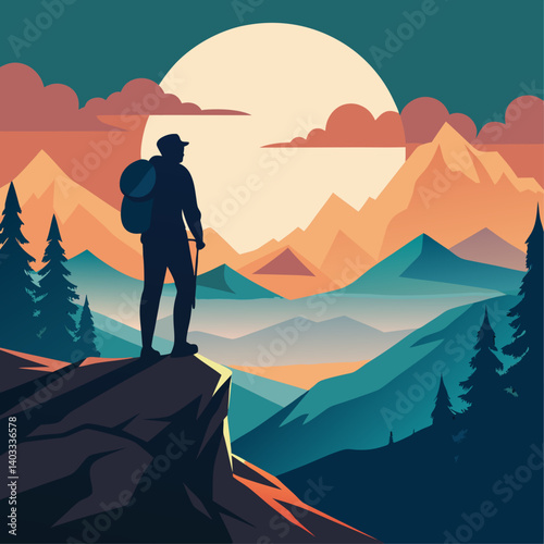 A man is standing on a mountain top with a backpack. The sky is filled with clouds and the sun is setting. The mountains in the background are covered in trees