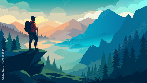 A man is standing on a mountain top with a backpack. The sky is filled with clouds and the sun is setting. The mountains in the background are covered in trees
