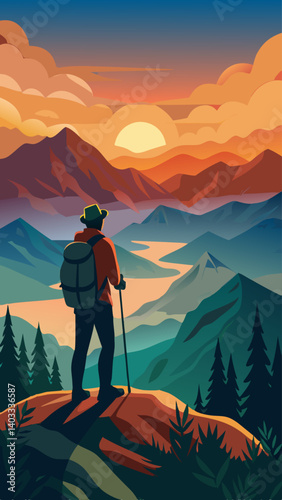 A man is standing on a mountain top with a backpack. The sky is filled with clouds and the sun is setting. The mountains in the background are covered in trees