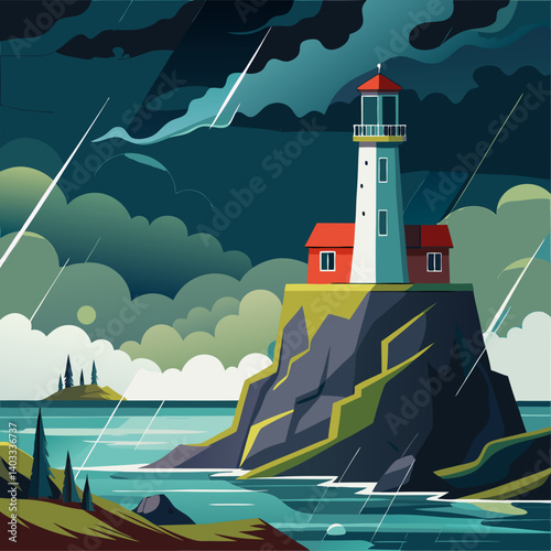 A lighthouse is on a rocky cliff overlooking a body of water. The sky is dark and stormy, with rain pouring down. The lighthouse is lit up, providing a sense of safety