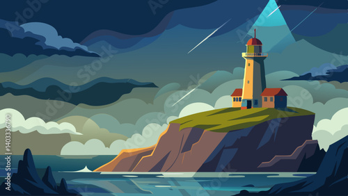 A lighthouse is on a rocky cliff overlooking a body of water. The sky is dark and stormy, with rain pouring down. The lighthouse is lit up, providing a sense of safety