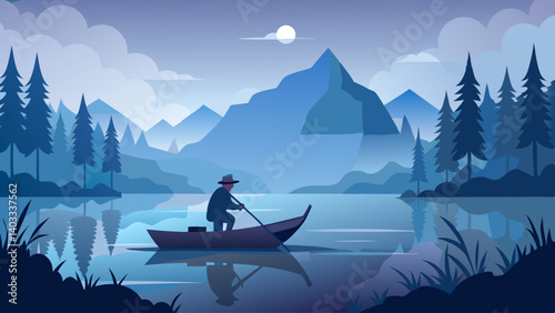 A man is rowing a boat on a lake in the mountains. The sky is dark and cloudy, and the water is calm. The scene is peaceful and serene, with the man enjoying the quietness of the lake