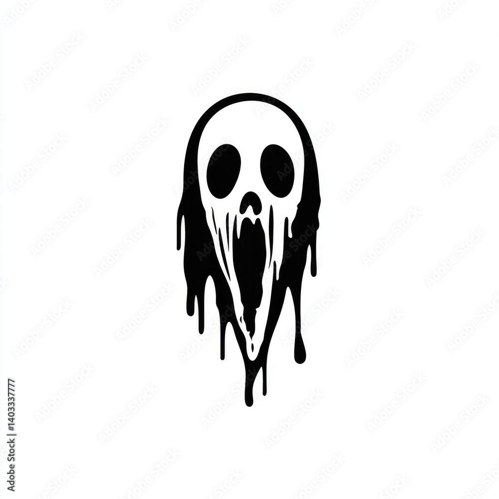Screaming, melting skull graphic. A stylized skull with an open mouth, wide eyes, and dripping liquid lines Screaming, melting skull graphic. A stylized skull with an open mouth, wide eyes, and dripping liquid lines