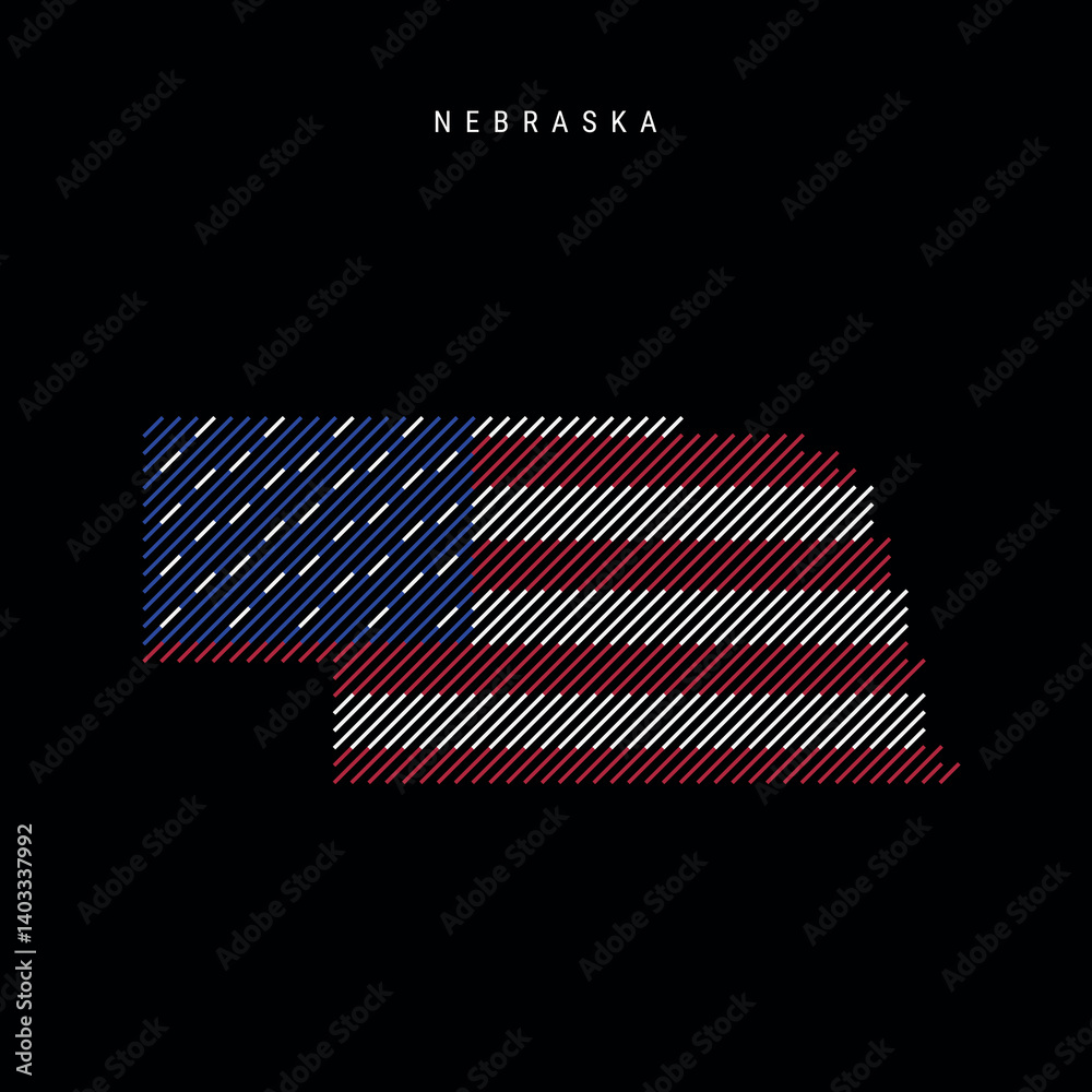 Nebraska US state hatched silhouette map of slanted lines pattern. Flat vector illustration isolated on black Nebraska US state hatched silhouette map of slanted lines pattern. Flat vector illustration isolated on black