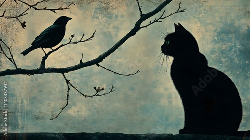 Black cat, bird, tree branch, autumn background, mystical illustration