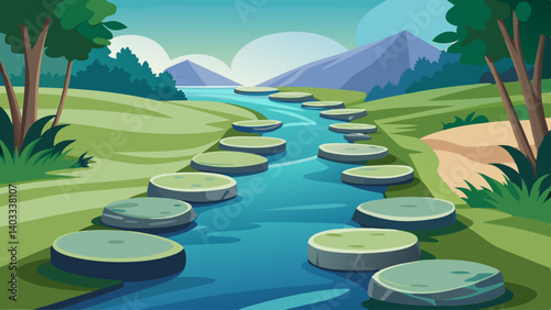 A river with a path of stepping stones. The path is surrounded by trees and mountains. The scene is peaceful and serene