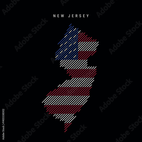 New Jersey US state hatched silhouette map of slanted lines pattern. Flat vector illustration isolated on black