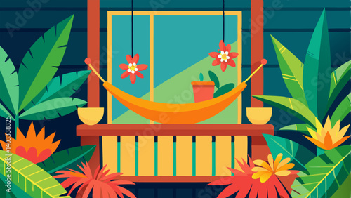 A small balcony with a hammock a wooden bench and hanging planters overflowing with vibrant tropical flowers.