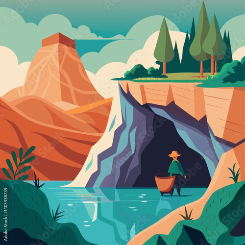 A man is fishing in a river near a mountain. The scene is peaceful and serene, with the man enjoying the natural beauty of the area