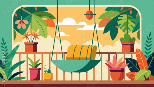 A small balcony with a hanging swing chair and a variety of colorful potted tropical plants.